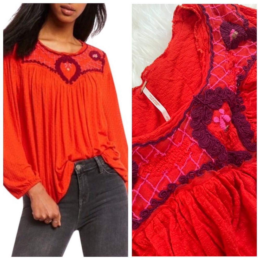 Free People Begonia Red Embroidered Boho Peasant Top Sz S